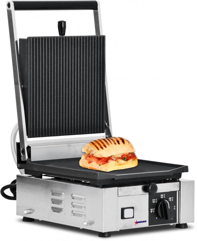 Elite Series 10" x 9" Single Panini Grill with Grooved Top and Smooth Bottom  Grill Surface